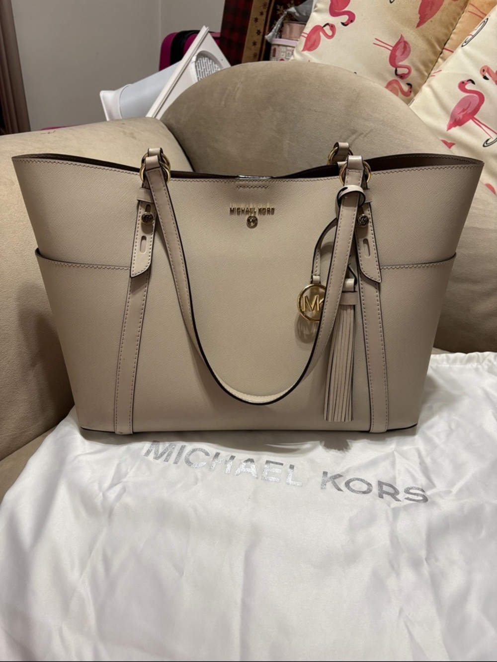 Michael Kors Beige Saffiano Leather Tote with Tassel Charm